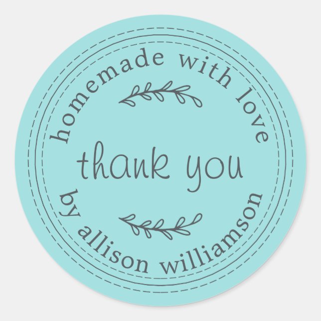 Rustic Homemade With Love Turquoise Blue Thank You Classic Round Sticker (Front)