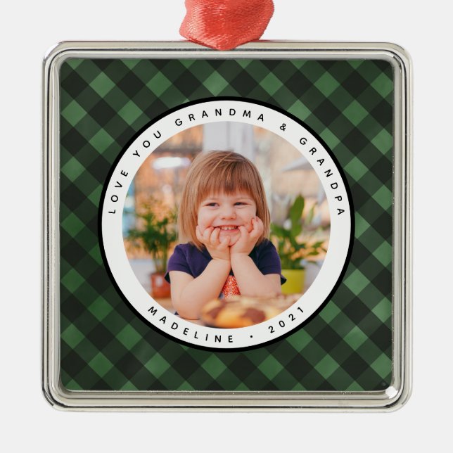 Rustic Homespun Country Photo Grandparents  Metal Ornament (Front)