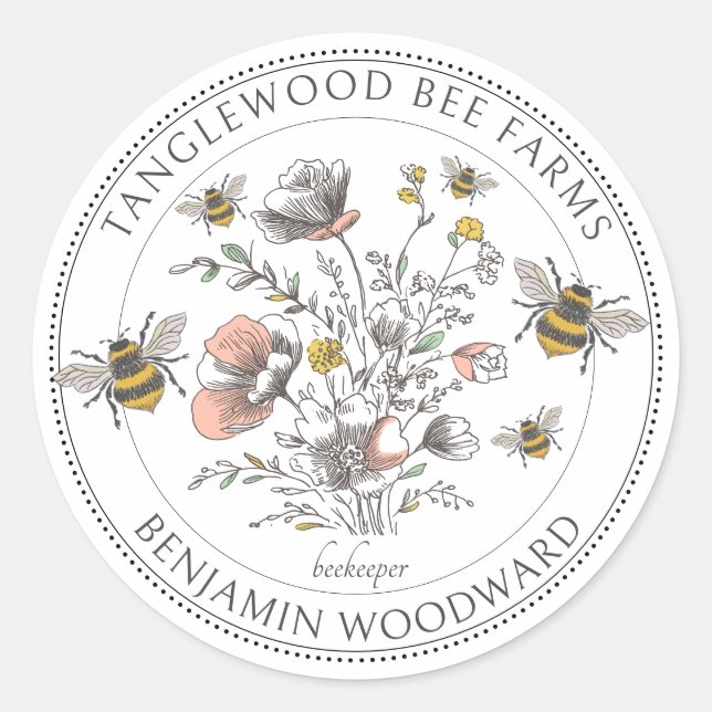 Rustic Honey Bee Florals Apiary Beekeeper  Classic Round Sticker (Front)