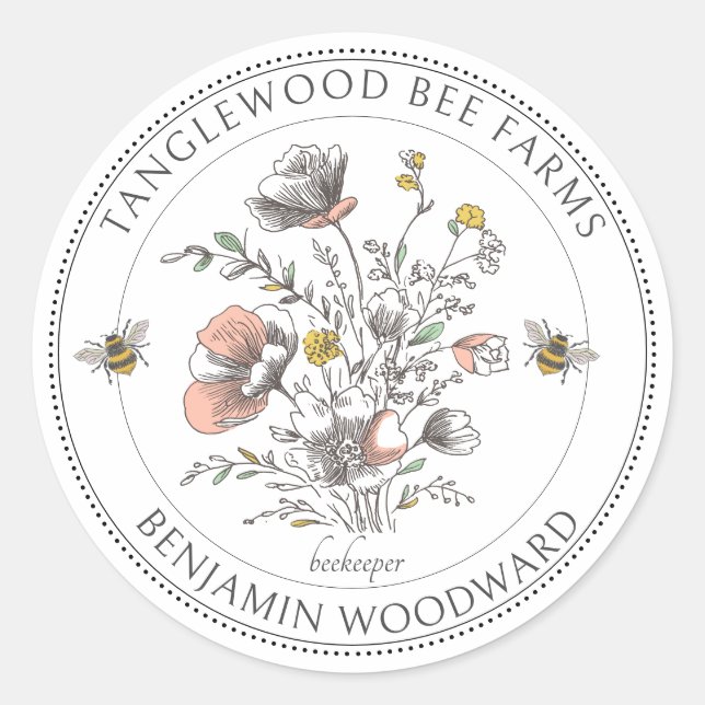 Rustic Honey Bee Florals Apiary Beekeeper Honey Classic Round Sticker (Front)