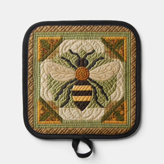 Rustic Honeybee Faux Quilt Pot Holder (Front)