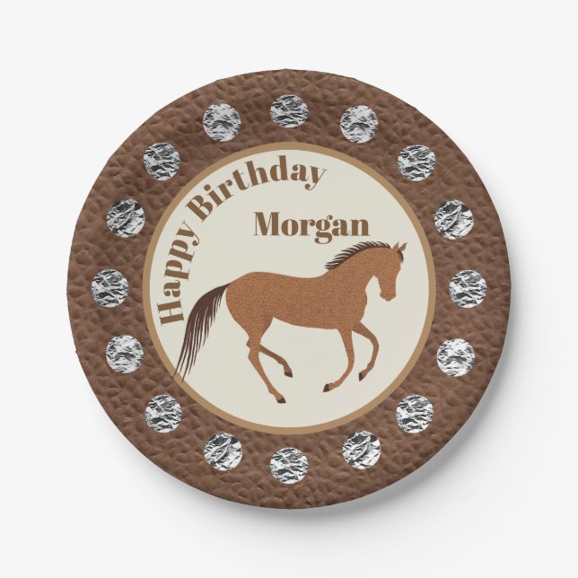 Rustic Horse Faux Leather Silver Concho Birthday Paper Plate (Front)