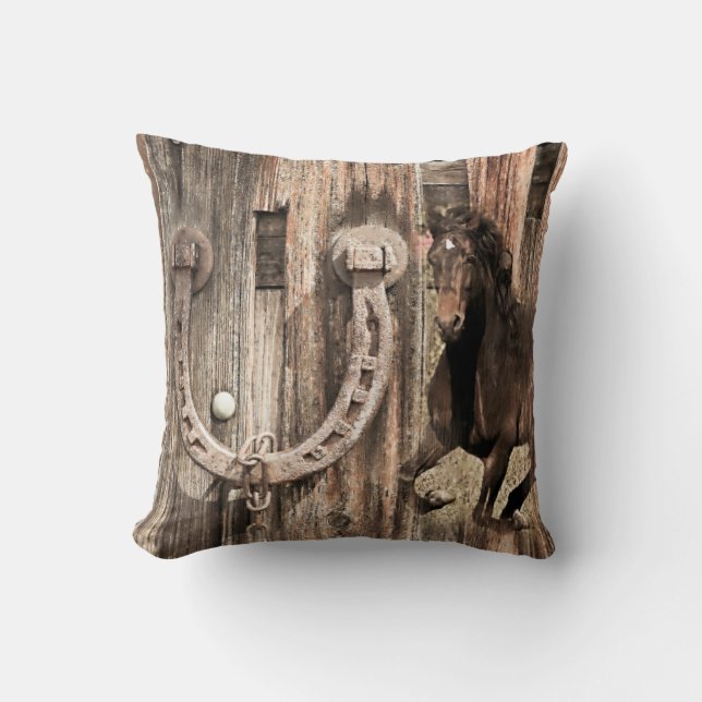 Rustic Horse Horseshoe on Barn Wood Cushion (Front)