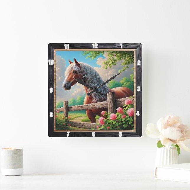 Rustic Horse Meadow Square Wall Clock (Home)