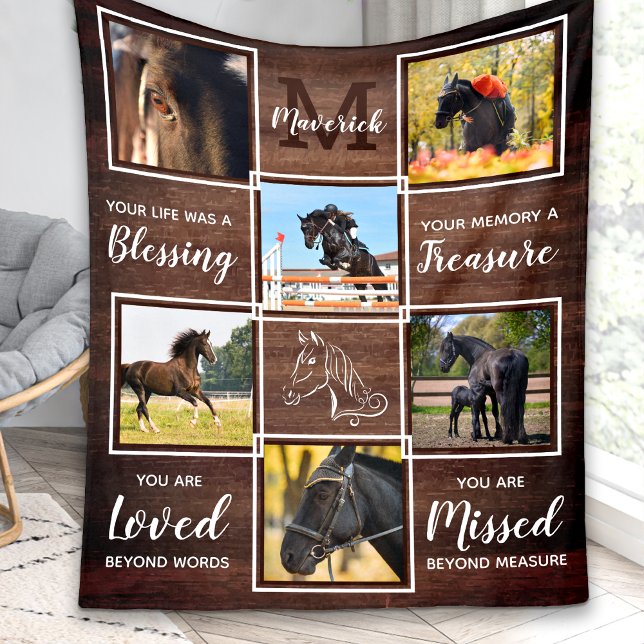 Rustic Horse Memorial Pet Loss Custom 6 Photo Fleece Blanket (Creator Uploaded)