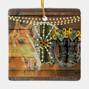 Rustic Horse Sunflowers Wagon Wheel Cowboy Boots Ceramic Ornament