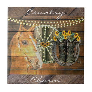 Rustic Horse Sunflowers Wagon Wheel Cowboy Boots Ceramic Tile