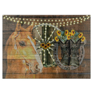 Rustic Horse Sunflowers Wagon Wheel Cowboy Boots Cutting Board