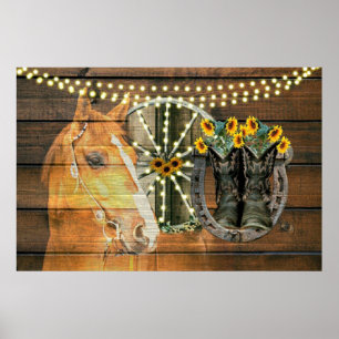 Rustic Horse Sunflowers Wagon Wheel Cowboy Boots Poster