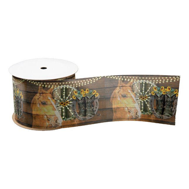 Rustic Horse Sunflowers Wagon Wheel Cowboy Boots Satin Ribbon (Spool)