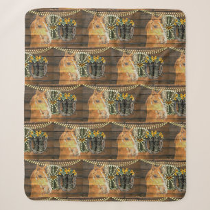 Rustic Horse Sunflowers Wagon Wheel Cowboy Boots Sherpa Blanket