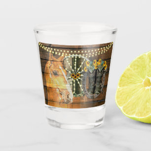 Rustic Horse Sunflowers Wagon Wheel Cowboy Boots Shot Glass