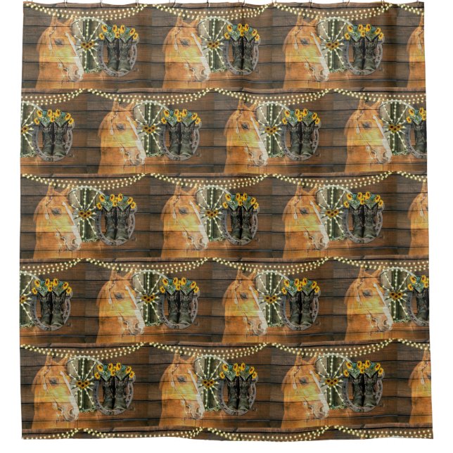 Rustic Horse Sunflowers Wagon Wheel Cowboy Boots Shower Curtain (Front)