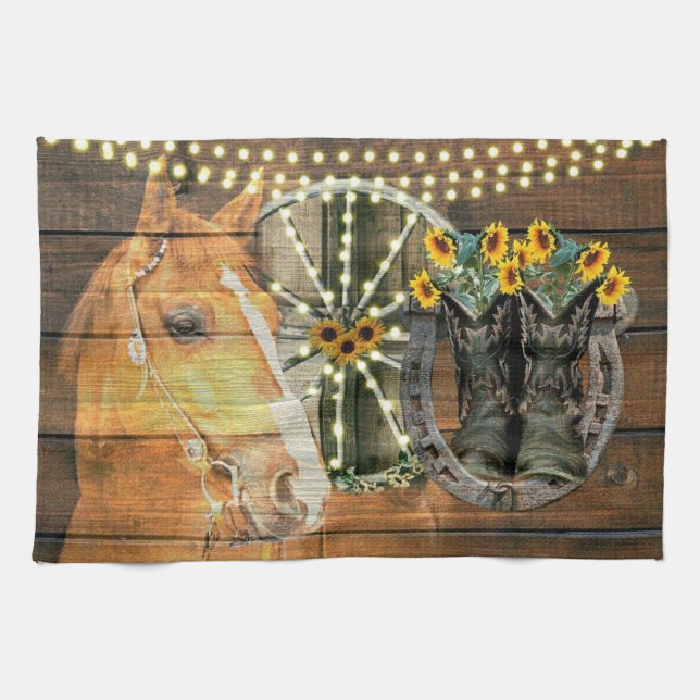 Rustic Horse Sunflowers Wagon Wheel Cowboy Boots Tea Towel (Horizontal)