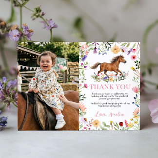 Rustic Horse Wildflower Girl Birthday Party Photo Thank You Card