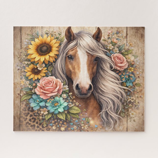 Rustic Horse With Flowers Jigsaw Puzzle (Horizontal)