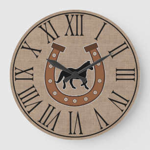 Rustic Horseshoe and Black Horse Faux Burlap Large Clock