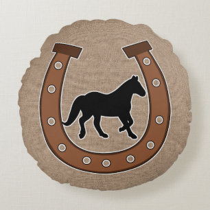 Rustic Horseshoe and Black Horse Faux Burlap Round Cushion