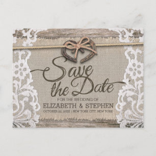 Rustic Horseshoe Burlap Lace Wedding Save The Date Announcement Postcard