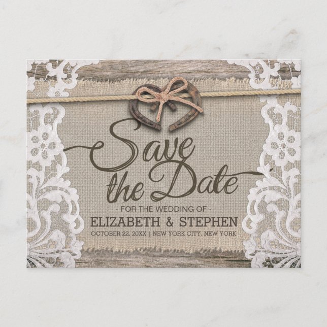 Rustic Horseshoe Burlap Lace Wedding Save The Date Announcement Postcard (Front)