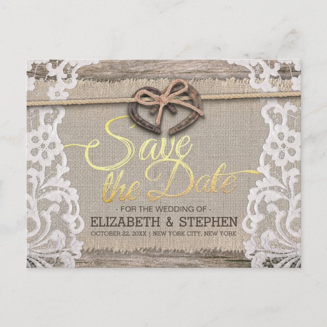 Rustic Horseshoe Burlap Lace Wedding Save The Date Announcement Postcard (Front)