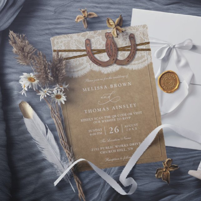 Rustic Horseshoe On Kraft & Lace QR Code Wedding Invitation (Creator Uploaded)