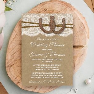 Rustic Horseshoe On Kraft & Lace Wedding Shower Invitation