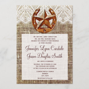 Rustic Horseshoe Star Burlap Wedding Invitations