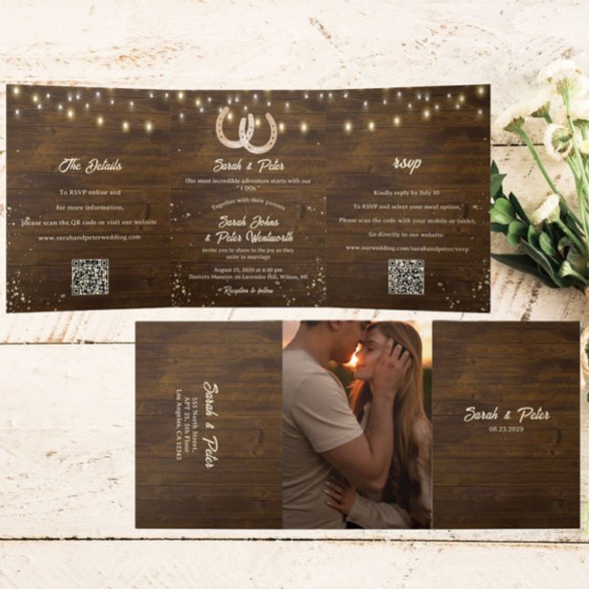 Rustic Horseshoe String Lights Photo All-in-one Tri-Fold Invitation (Creator Uploaded)