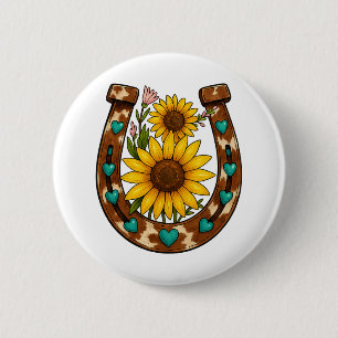 Rustic Horseshoe Sunflowers Country Floral 6 Cm Round Badge