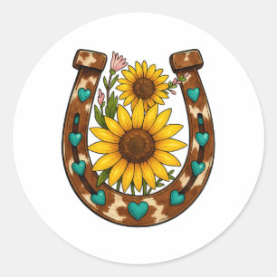 Rustic Horseshoe Sunflowers Country Floral  Classic Round Sticker