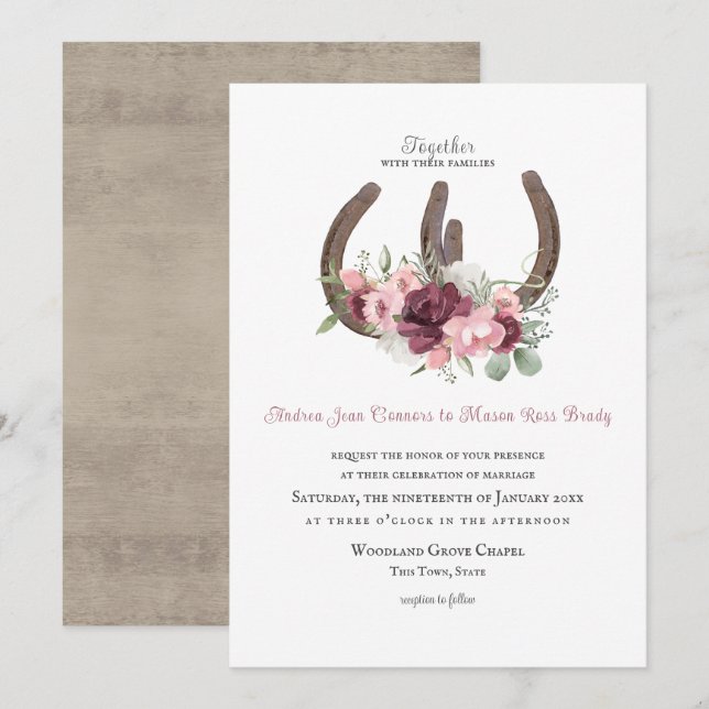Rustic Horseshoes and Flowers Burgundy Pink Invita Invitation (Front/Back)