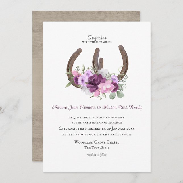 Rustic Horseshoes and Flowers Purple Invitation (Front/Back)