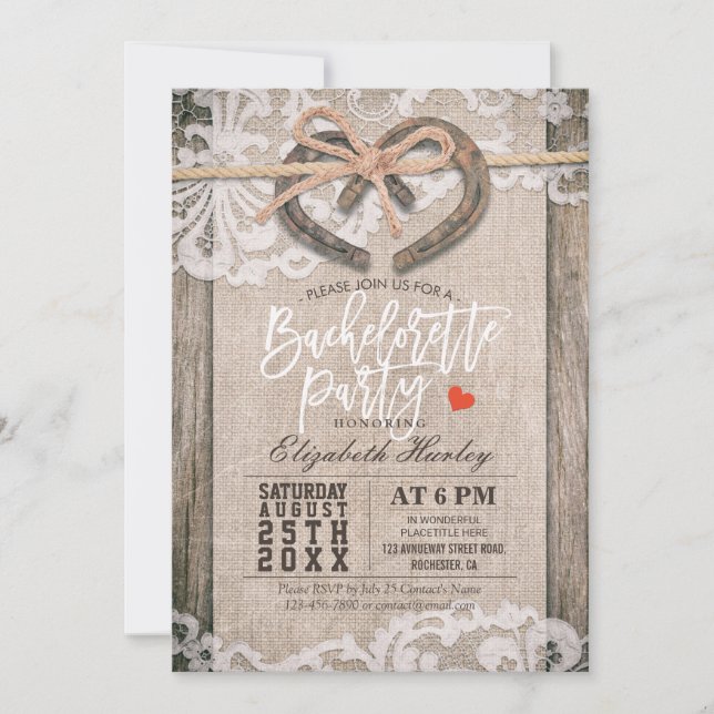 Rustic Horseshoes Burlap Lace Bachelorette Party Invitation (Front)