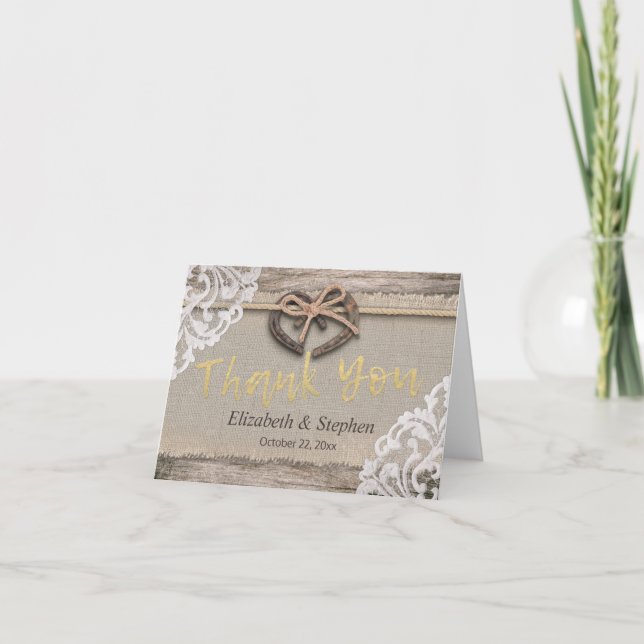 Rustic Horseshoes Burlap Lace Wedding Thank You Card (Front)