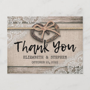 Rustic Horseshoes Burlap Lace Wedding Thank You Postcard