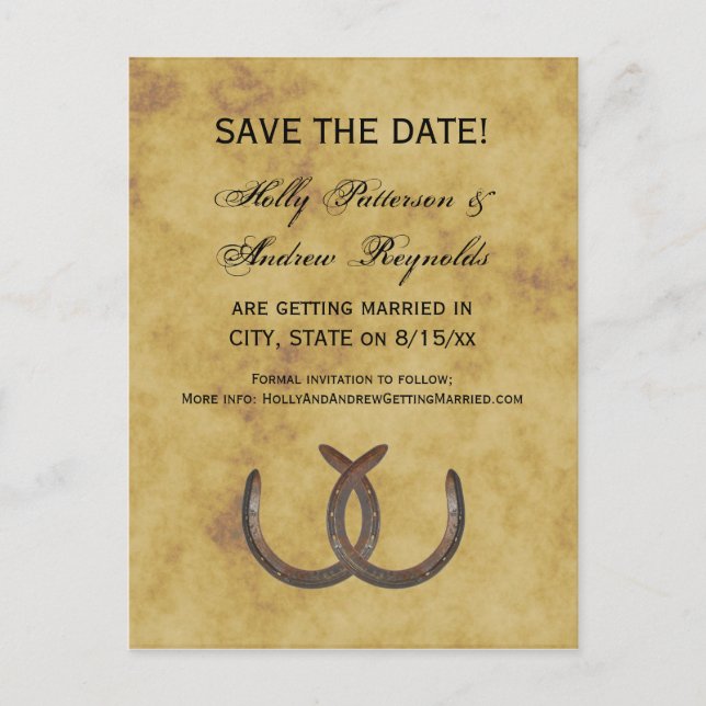 Rustic Horseshoes Distressed BG Save the Date Announcement Postcard (Front)
