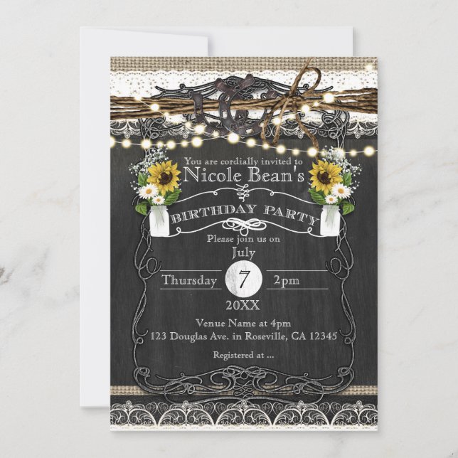 Rustic Horseshoes & Flowers Country BIRTHDAY PARTY Invitation (Front)