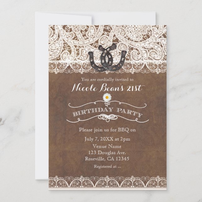 Rustic Horseshoes & Lace Country BIRTHDAY PARTY Invitation (Front)