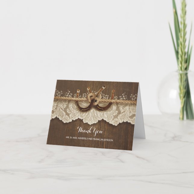 Rustic Horseshoes Lace Wood Wedding Thank You Card (Front)