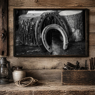 Rustic Horseshoes on Wooden Logs Black and White Poster