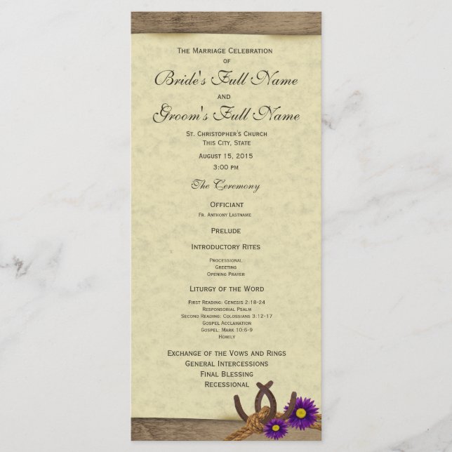 Rustic Horseshoes Purple Daisy Wedding Program (Front)