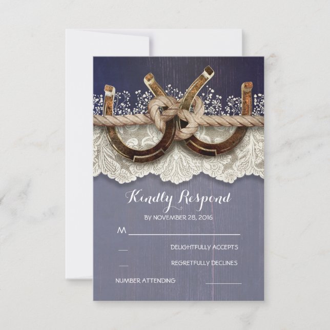 Rustic Horseshoes Wood Lace Navy Wedding RSVP (Front)
