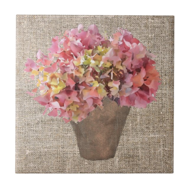 Rustic Hortensia in Vase Flowers on Canvas Ceramic Tile (Front)