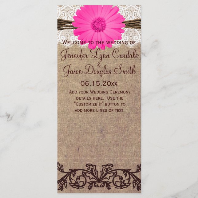 Rustic Hot Pink Gerber Daisy Wedding Program (Front)