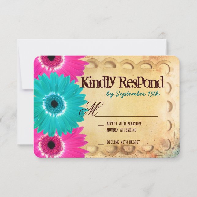 Rustic Hot Pink Teal Daisies Wedding RSVP Cards (Front)