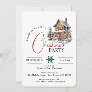 RUSTIC HOUSE IN SNOW, CHRISTMAS PARTY INVITATION