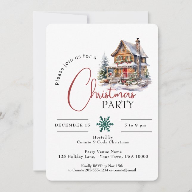 RUSTIC HOUSE IN SNOW, CHRISTMAS PARTY INVITATION (Front)