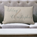 Rustic Housewarming Gift For A Couple Personalised Lumbar Cushion<br><div class="desc">Rustic housewarming or wedding gift for a couple. Personalised decorative pillow in earthy tan and blue colours with couple's names and date. Celebrate the relationship and add a tasteful decorative accent to the home. Natural looking neutral colours will fit into almost any stylish and elegant home decoration style making this...</div>