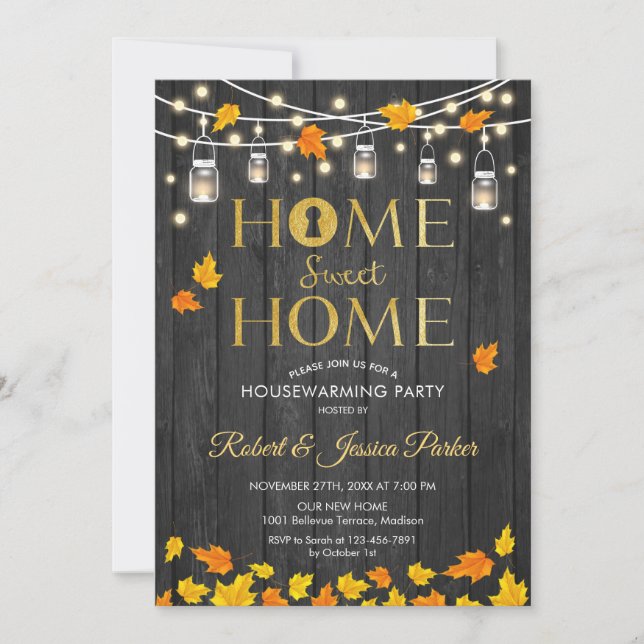 Rustic Housewarming Party - Gray Wood Fall Leaves Invitation (Front)